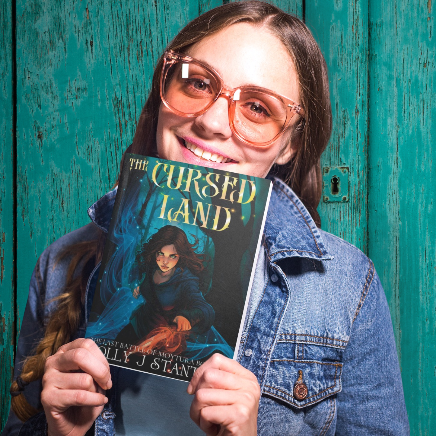 A woman holding the paperback of The Cursed Land, book 2 of the Irish myth urban fantasy The Last Battle of Moytura by Molly J Stanton