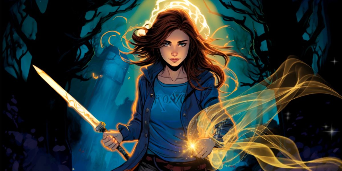 Brown haired twenty year old woman with a determined expression.  She's in a dark forest with a looming tower in the mists behind her. In one hand she holds a glowing sword, the other has golden magic flowing from her fist.
