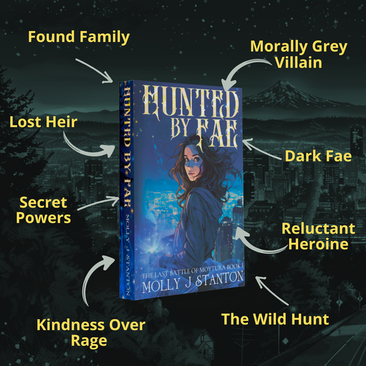 Image of the paperback of Hunted by Fae, book 1 in the Celtic myth last battle of moytura series by Molly j Stanton. the book is against an image of Mount Hood and the Portland skyline at night. Text reads: Found family, morally grey villain, dark fae, reluctant heroine, the Wild Hunt, kindness over rage, secret powers, lost heir.