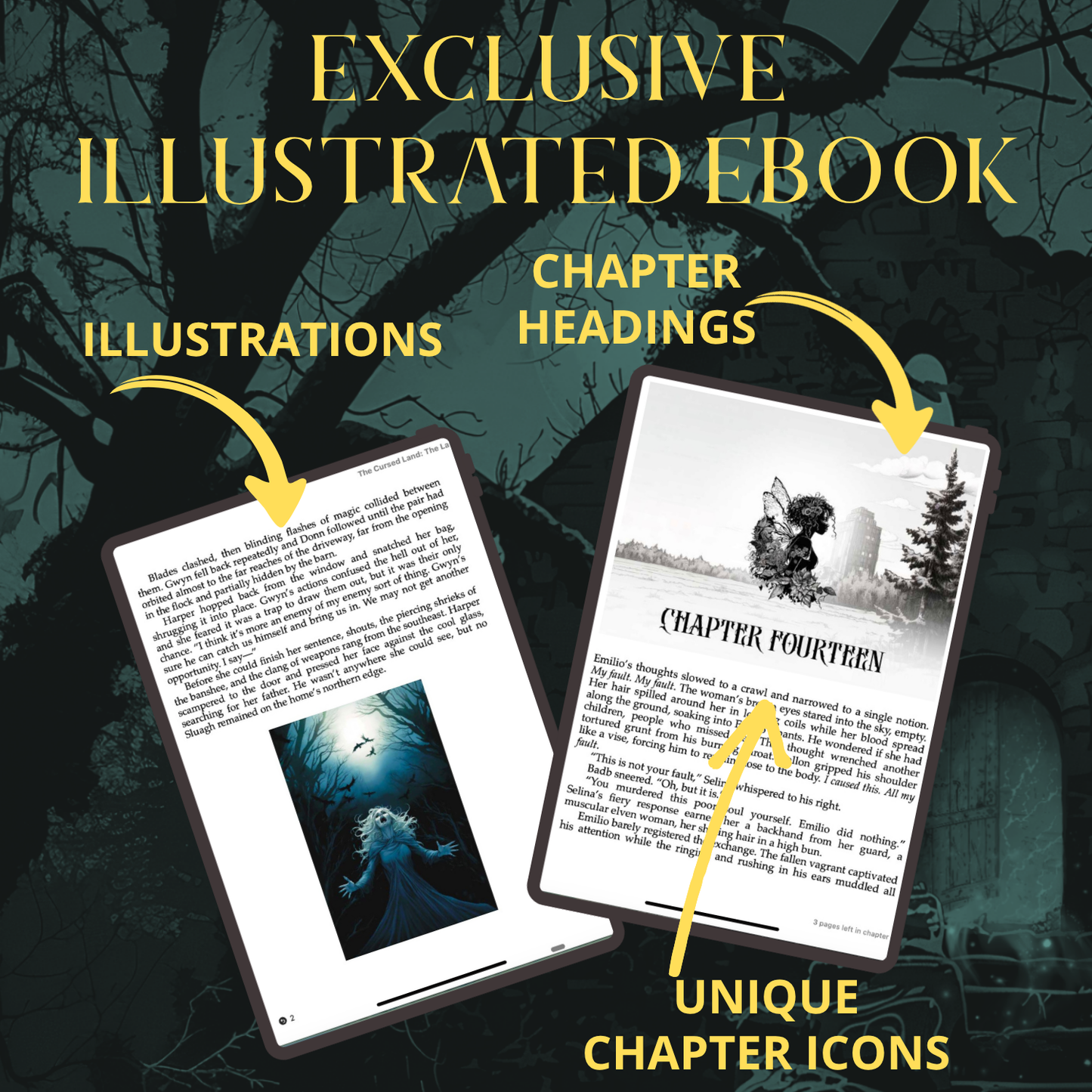 inner pages of The Cursed Land Last Battle of moytura Book 2 . pages show the chapter headings and one of the illustrations inline in the book. Text reads: Exclusive illustrated ebook. Illustrations, chapter headings, and unique chapter icons.