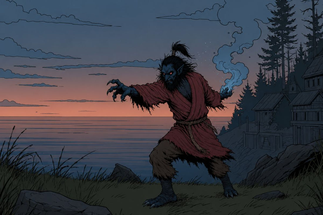 Amadán Dubh a wild deranged creature hurls a wind at dusk with pine trees in the background.
