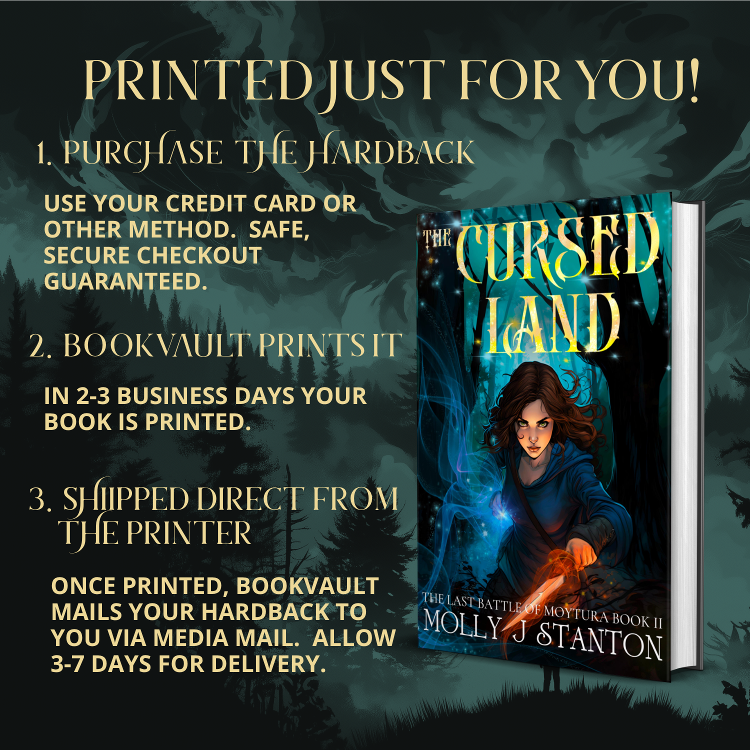Book with 'The Cursed Land' cover on a dark forest background, featuring text about book printing and delivery.  Text reads: Printed just for you!  1. Purchase the hardback. Use your credit card or other secure method.  Safe, secure checkout guaranteed.  2. Bookvault prints it. In 2-3 business days your book is printed.  3. Shipped direct from the printer.  Once printed, Bookvault mails your hardback to your via media mail.  Allow 3-7 days for delivery.