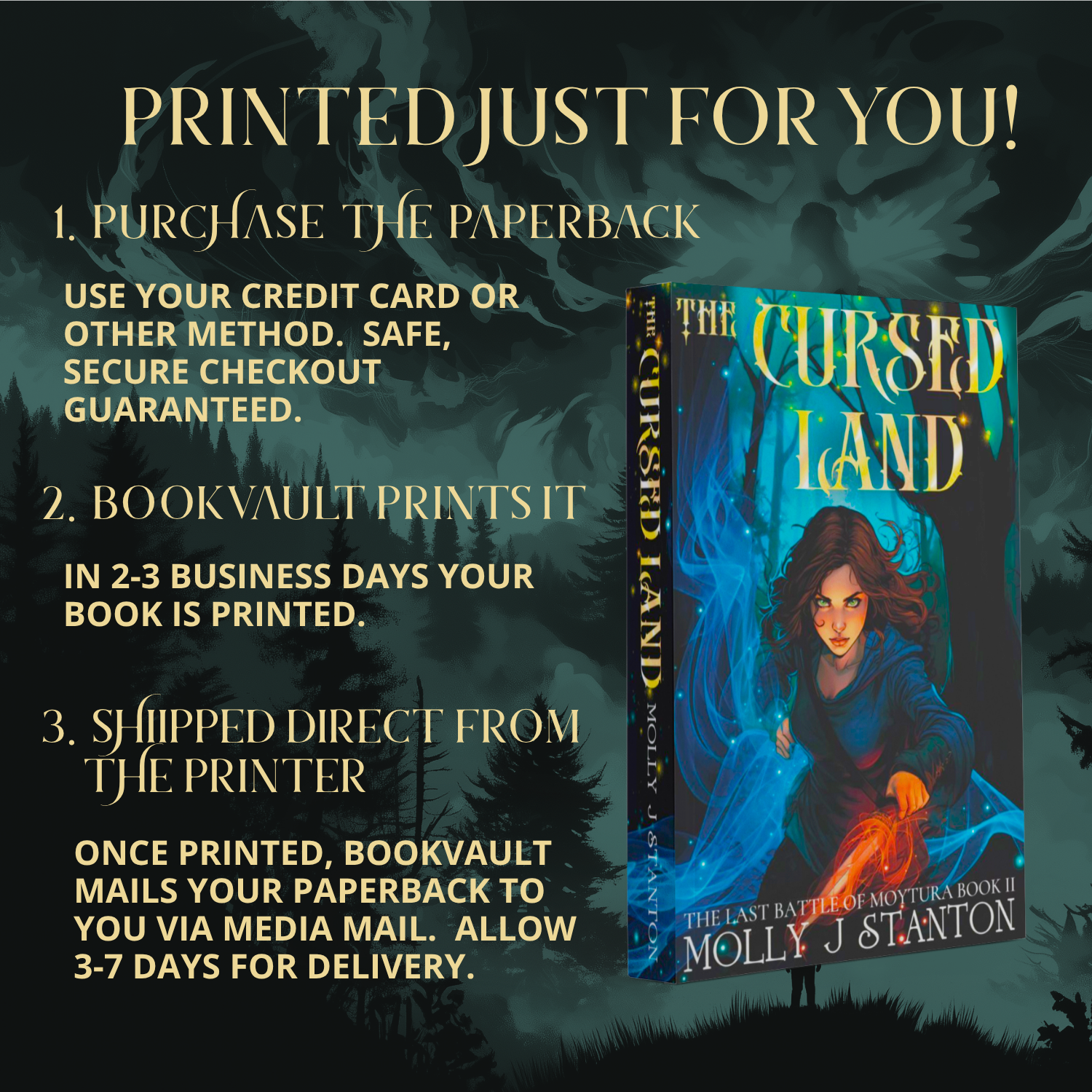 image of the paperback of The Cursed Land, book 2 of the Irish myth urban fantasy The Last Battle of Moytura by Molly J Stanton.  text reads: Printed just for you!  1. Purchase the paperback. Use your credit card or other method. Safe, secure checkout guaranteed.  2. Bookvault prints it. In 2-3 business days your book is printed. 3. Shipped direct from the printer. Once printed, Bookvault mails your paperback to you via media mail.  Allow 3-7 days for delivery.