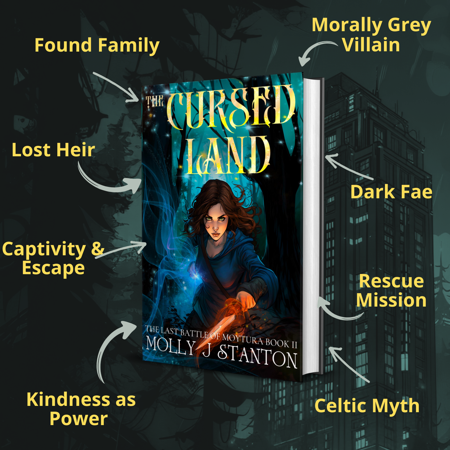 The hardback of The Cursed land, epic urban fantasy book 2 of the Last Battle of Moytura series by Molly J Stanton.  Text reads: found family, morally grey villain, dark fae, rescue mission, Celtic myth, kindness as power, captivity and escape, lost heir.