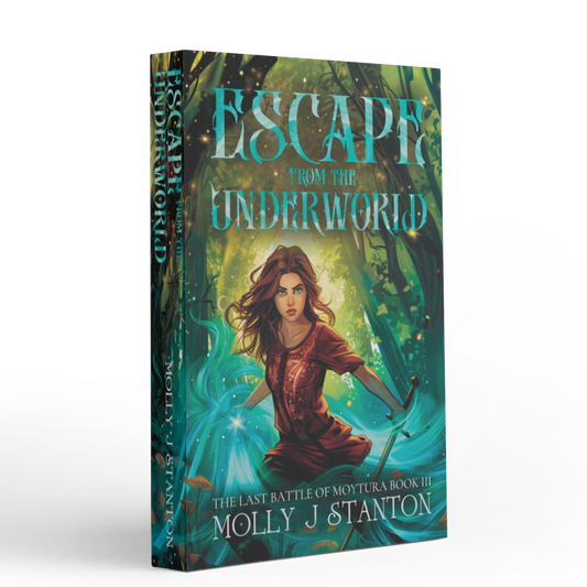Book cover of 'Escape from the Underworld' by Molly J. Stanton with a fantasy design.  Celtic myth urban fantasy and book 3 of the Last Battle of Moytura series.  The image depicts the strong female lead holding a sword in a fae forest.