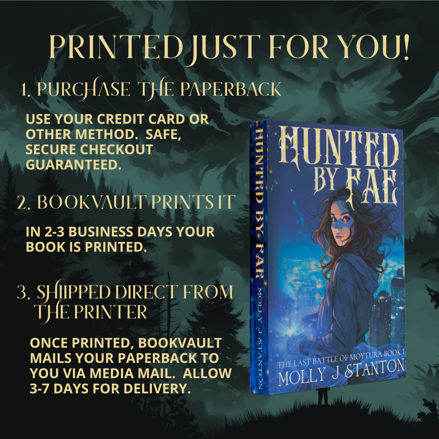 Image of the Hunted by Fae book 1 in the Last Battle of Moytura Celtic myth urban fantasy series by Molly J Stanton against a night pine forest background.  Text reads:  Printed just for you!  1. Purchase the paperback. Use your credit card or other method.  Safe, secure checkout guaranteed.  2. Bookvault prints it. In 2-3 business days your book is printed.  3. Shipped direct from the printer.  Once printed, Bookvault mails your paperback to you via media mail. Allow 3-7 days for delivery.
