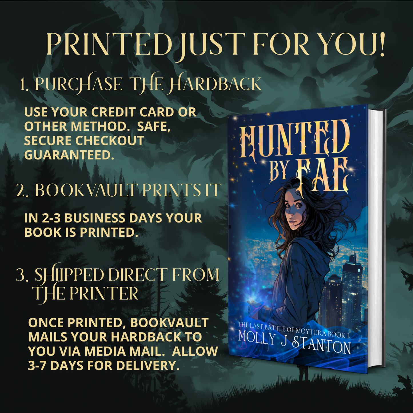 The Hunted by Fae book 1 in the Last Battle of Moytura Irish myth urban fantasy Last Battle of moutura series by Molly J Stanton. .  Text reads:  Printed just for you!  1. Purchase the hardback. Use your credit card or other method.  Safe, secure checkout guaranteed.  2. Bookvault prints it. In 2-3 business days your book is printed.  3. Shipped direct from the printer. Once printed, Bookvault mails your hardback to you via media mail. Allow 3-7 days for delivery.