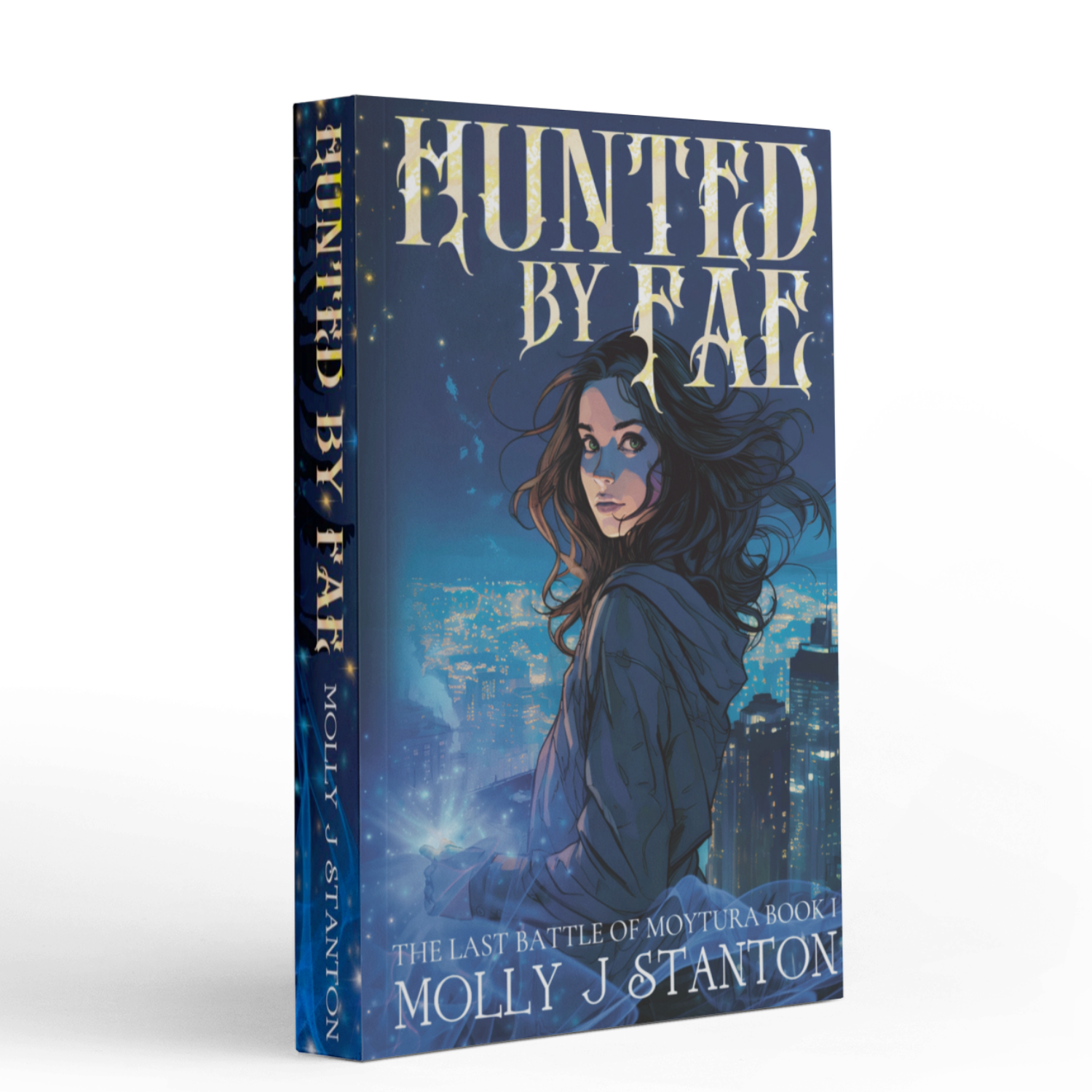 The paperback edition of Hunted by Fae, book 1 in the Irish myth urban fantasy series the Last Battle of Moytura by Molly J Stanton.  Image of the strong female lead in a comics style against a night portand city background