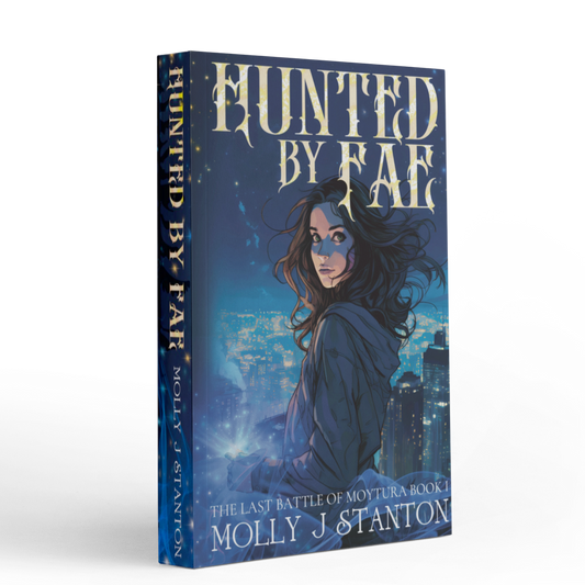 The paperback edition of Hunted by Fae, book 1 in the Irish myth urban fantasy series the Last Battle of Moytura by Molly J Stanton.  Image of the strong female lead in a comics style against a night portand city background