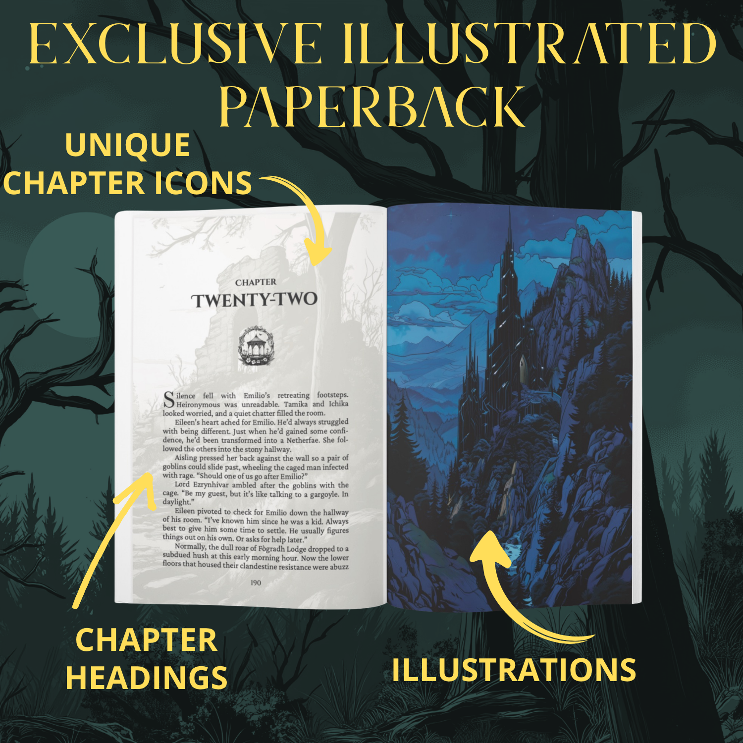 open book of the paperback Escape from the Underworld, book 3 of the Last Battle of Moytura dark fae and Celtic myth urban fantasy series by Molly J Stanton.  one side is a color image of an obsidian castle and the other is a chapter heading with unique chapter icon.  text reads: exclusive illustrated paperback.  Unque chapter icons, illustrations, chapter headings.