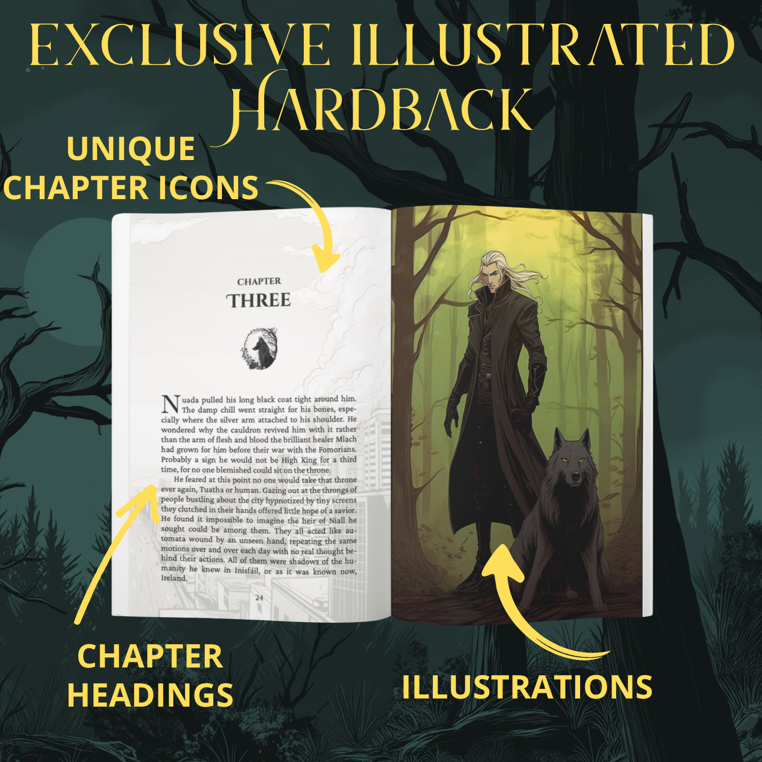 interior of the hardback of Hunted by Fae, book 1 in the Irish urban fantasy the last battle of moytura series by Molly j Stanton. one side features a comics style full color image of a talisman with long silver hair and a black dog with glowing yellow eyes.  the other side is the greyscale chapter heading image of a city background with the unique black dog chapter icon.  text reads Exclusive illustrated hardback.  unique icons, illustrations, chapter headings.