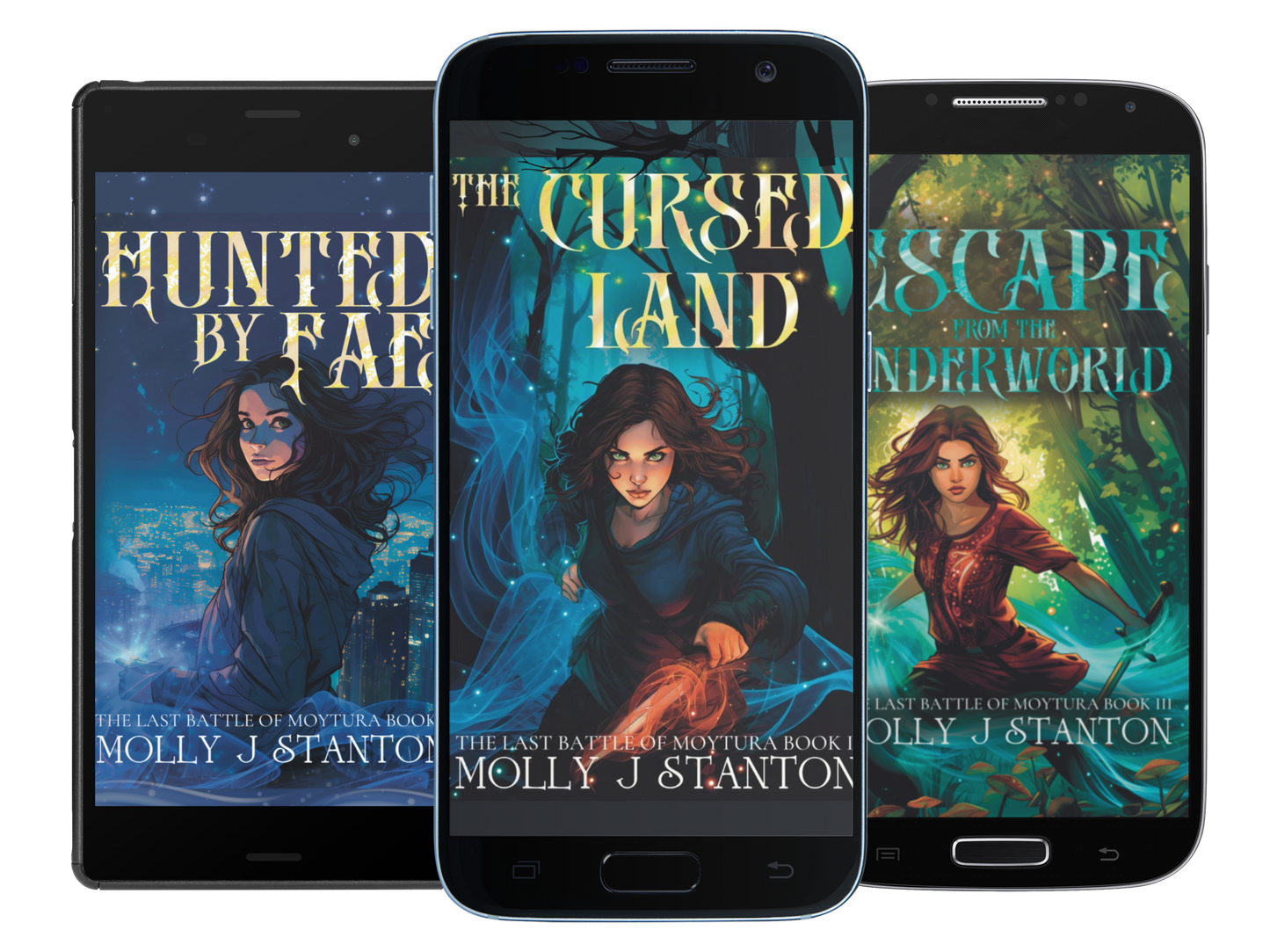 Three smartphones with three books in the Last Battle of Moytura Celtic myth urban fantasy series, Hunted by Fae, The Cursed Land, Escape from the Underworld.