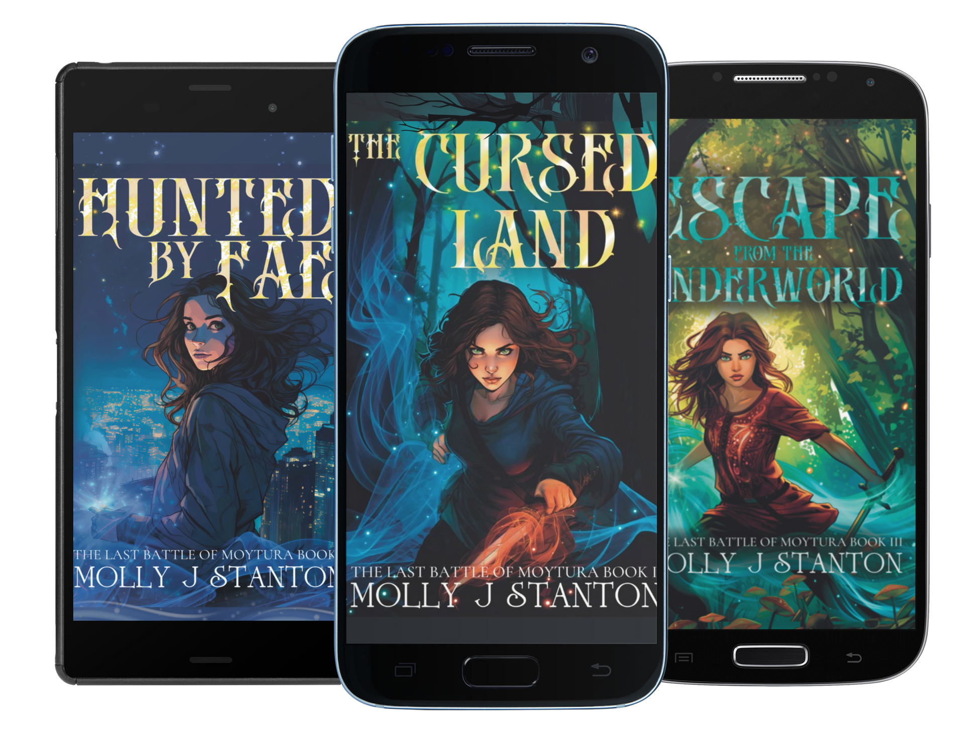 Three smartphones with three books in the Last Battle of Moytura Celtic myth urban fantasy series, Hunted by Fae, The Cursed Land, Escape from the Underworld.