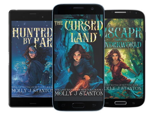 Three smartphones with three books in the Last Battle of Moytura Celtic myth urban fantasy series, Hunted by Fae, The Cursed Land, Escape from the Underworld.