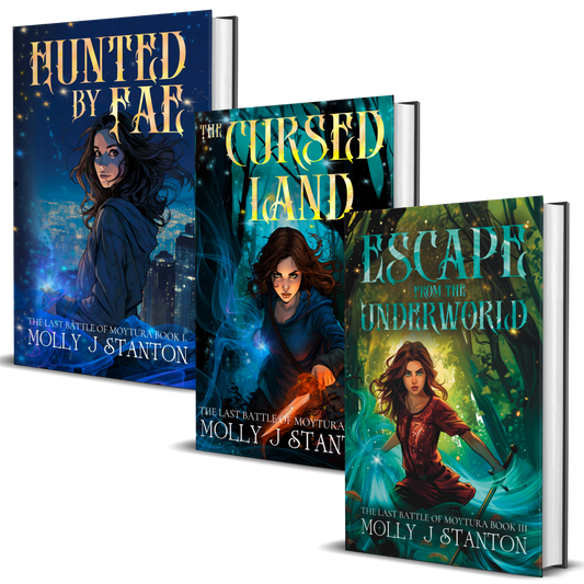 Three hardbacks  titled 'Hunted by Fae', 'Cursed Land', and 'Escape from the Underworld' by Molly J. Stanton Books 1-3 of the dark fae and Irish myth urban fantasy series the Last Battle of Moytura.