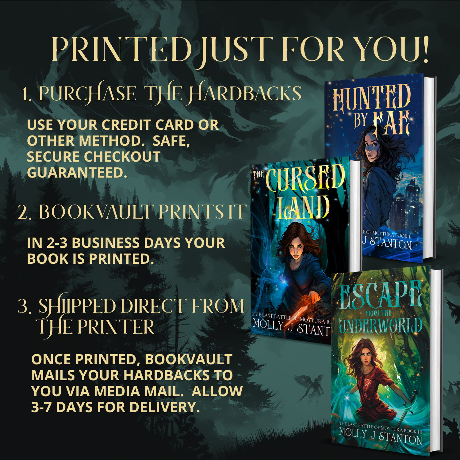 The 3 books so far of the Last Battle of Moytura Irish myth and dark fae urban fantasy series.  text reads:  Printed just for you!  1. Purchase the hardbacks.  Use your credit card or other method.  Safe, secure checkout guaranteed.  2. Bookvault prints it.  In 2-3 business days your book is printed.  3. Shipped direct from the printer.  Once printed, Bookvault mails your hardbacks to you via media mail. Allow 3-7 days for delivery