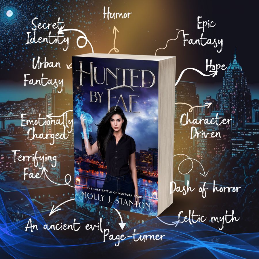 Hunted by Fae book against a city background with the words Secret Identity, Humor, Epic Fantasy, Hope, Character Driven, Dash of Horror, Celtic Myth, Page turner, An ancient evil around the edges