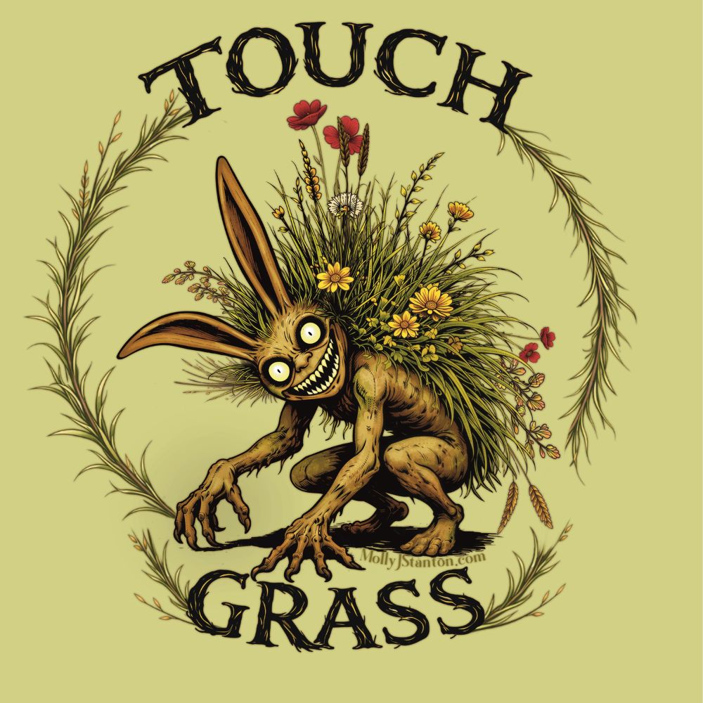 the design for the Stray Sod tee shirt.  A brown crouching goblin with long ears and grass growing from his back looks maniacally at the viewer.  Text reads: stray sod.
