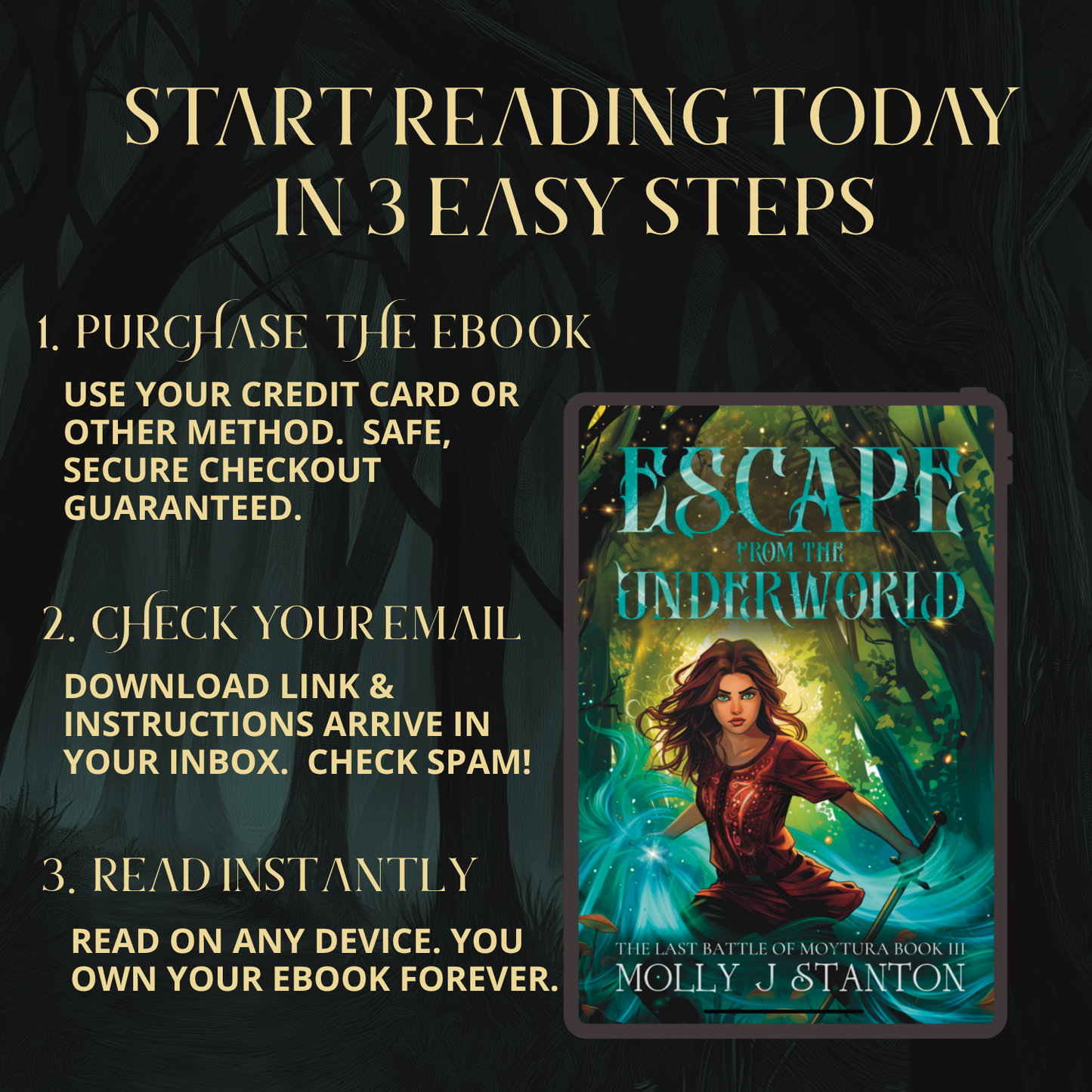 Cover for Escape from the Underworld, Book 3 in the Irish myth urban fantasy series The Last Battle of Moytura by Molly J Stanton.  Image of Harper the strong female lead. Text reads: Start reading today in 3 easy steps.  1. Purchase the ebook. Use your credit card or other method.  Safe, secure checkout guaranteed.  2. Check your email.  Download link and instructions arrive in your inbox.  Check Spam!  3. Read instantly.  Read on any device. You own your ebook forever.