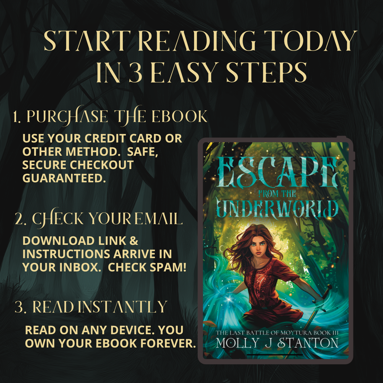 Cover for Escape from the Underworld, Book 3 in the Irish myth urban fantasy series The Last Battle of Moytura by Molly J Stanton.  Image of Harper the strong female lead. Text reads: Start reading today in 3 easy steps.  1. Purchase the ebook. Use your credit card or other method.  Safe, secure checkout guaranteed.  2. Check your email.  Download link and instructions arrive in your inbox.  Check Spam!  3. Read instantly.  Read on any device. You own your ebook forever.