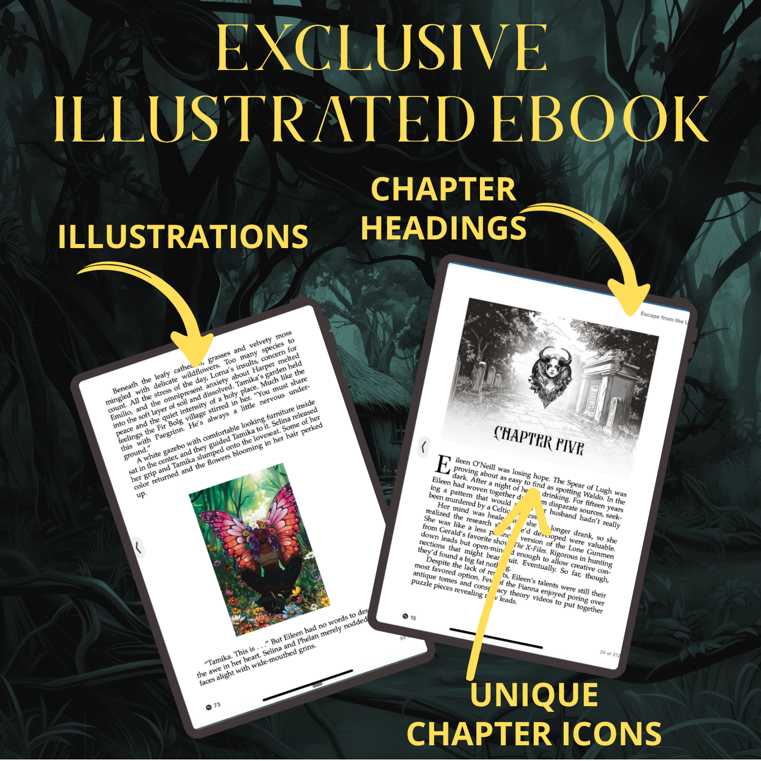 interior of the Escape from the Underworld ebook displayed on a tablet. image of an illustration of a seated African Fae on one side and the other is of chapter icons and headers.  Text reads: exclusive illustrated ebook.  illustrations, chapter headings, unique chapter icons.